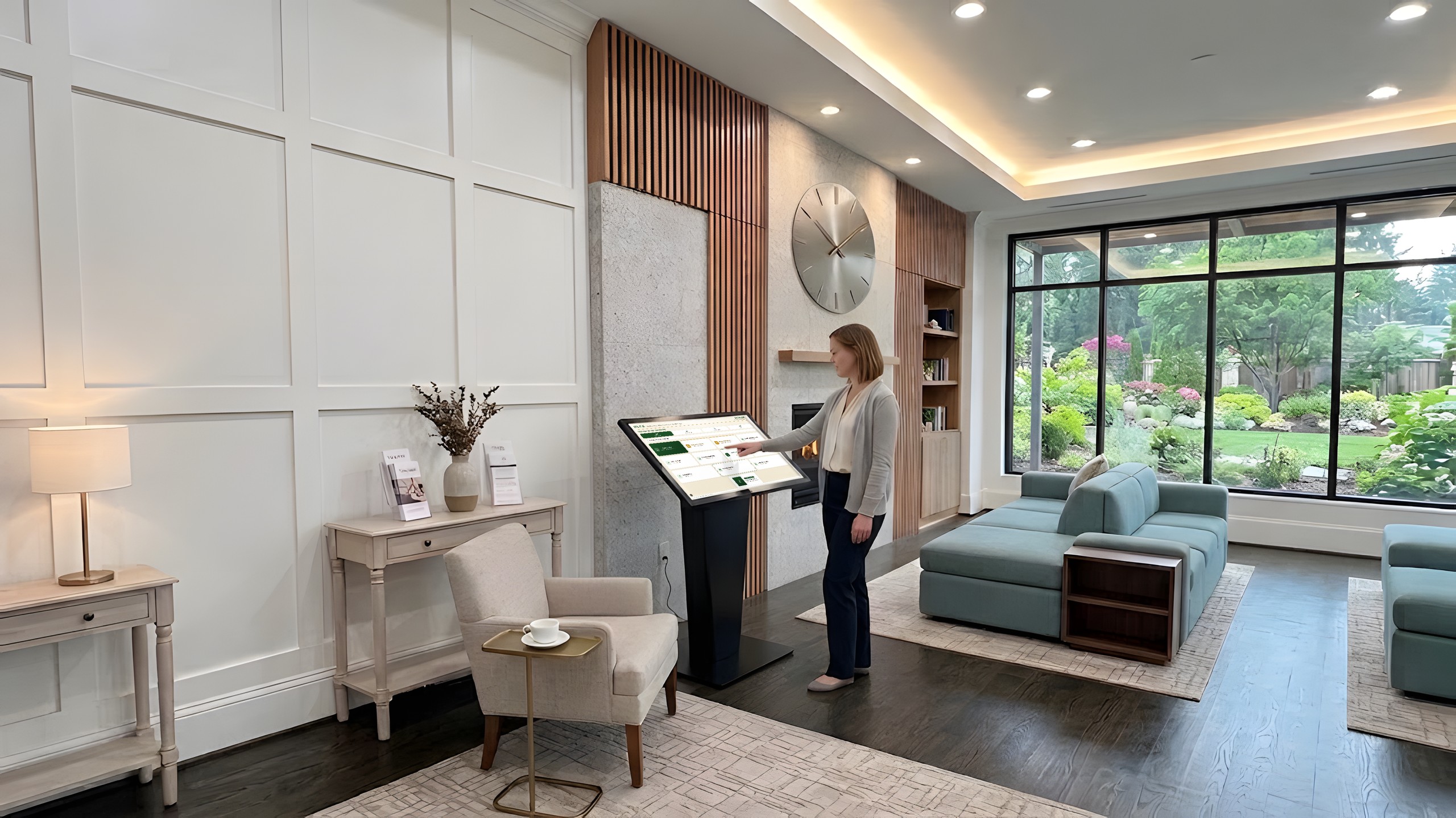 A staff member using a Huck kiosk in a senior living community lobby